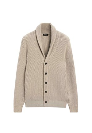 Beige gerippter Strickcardigan mit Schalkragen, durchgehender Knopfleiste und langen Ärmeln. Verfügt über dunkle Knöpfe und einen leicht dunkleren Saum.