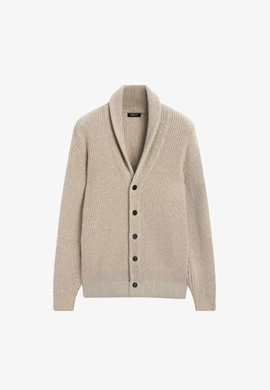 Beige gerippter Strickcardigan mit Schalkragen, durchgehender Knopfleiste und langen Ärmeln. Verfügt über dunkle Knöpfe und einen leicht dunkleren Saum.