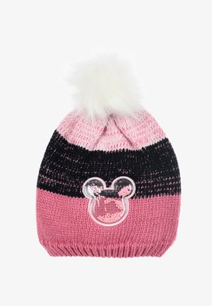 Gorro de punto con rayas rosas y negras, que presenta un pompón blanco en la parte superior y un emblema brillante de Mickey Mouse en la parte delantera.