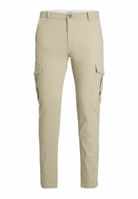 Béžové cargo kalhoty se slim fit, obsahující boční kapsy, zipový zip a hladkou tkaninu ze směsi bavlny. Detaily zahrnují knoflíkové zapínání.