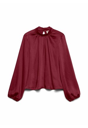 Dunkelrote Bluse mit hohem Kragen, langen Puffärmeln und plissierten Details. Verfügt über eine Schlüsselloch-Öffnung auf der Rückseite. Glatte, weiche Stoffstruktur.