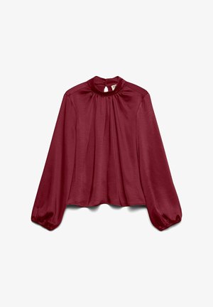 Bordeauxrode blouse met een hoge hals, lange ballonmouwen en geplooide details. Heeft een keyhole-opening aan de achterkant. Gladde, zachte stoftextuur.