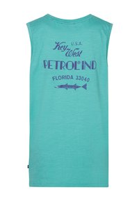 En turkise ærmeløs t-shirt har et lilla grafikprint med teksten "Key West", "PETROLIND" og "Florida 33040", samt en fiskillustration.