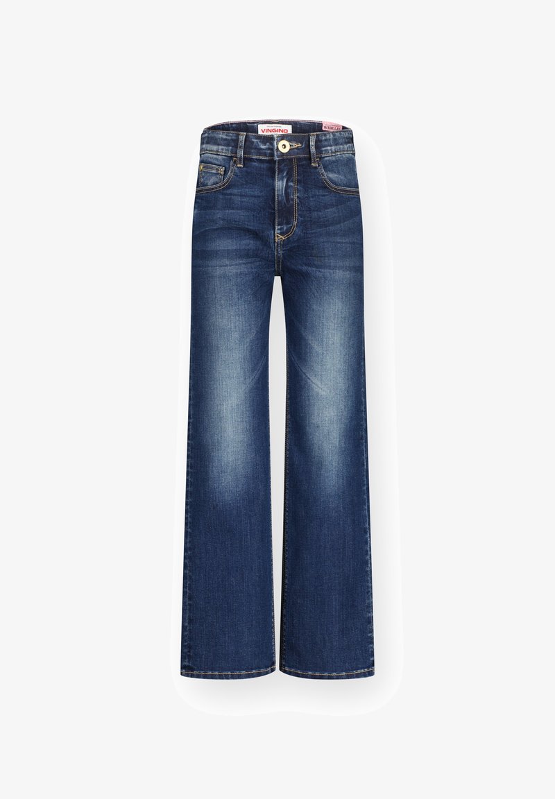 Jean large en denim bleu foncé avec une texture décolorée, doté d'un zip à bouton, d'un design à cinq poches et de détails de couture contrastants.