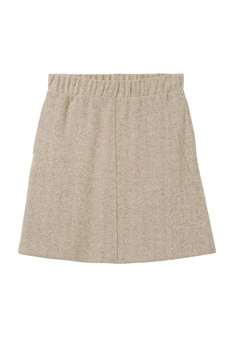 Jupe beige de longueur genou avec taille élastique et motif chevron subtil, présentée sur un fond blanc.