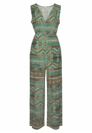 Ärmelloser Jumpsuit mit weitem Bein, V-Ausschnitt, elastischer Taille und Paisley- sowie Streifenmuster in Türkis, Braun und Beige.
