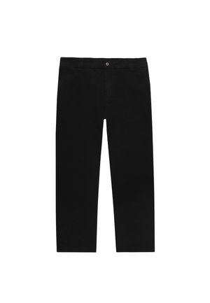 Czarne spodnie o prostym kroju, wykonane z materiału bawełnianego. Posiadają zapięcie na guzik i minimalistyczny styl bez wyraźnych wzorów.