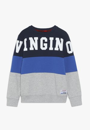 Sudadera de manga larga con cuello redondo, con bloques de color azul marino, azul y gris, y texto blanco "VINGINO" en el pecho y las mangas.
