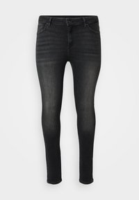 Fekete denim nadrág, slim fit szabású, részletes derékpánttal, öt zsebbel és enyhén kifakult textúrával a lábak mentén.