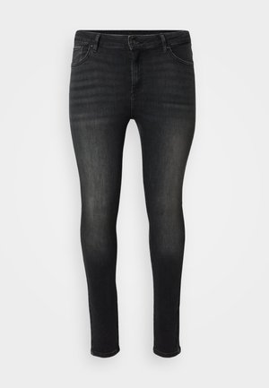 Black denim jeans with a slim fit, featuring a detailed waistband, five pockets, and a slight faded texture along the legs.