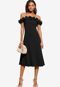 lipsy ruffle bardot bodycon dress Knit Crochet Off-Shoulder Maxi Dress Small / Black