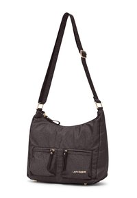 Borsa a tracolla in tessuto nero con dettagli in oro, due tasche frontali con zip e superficie strutturata. Tracolla regolabile con dettagli del logo.