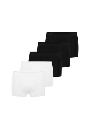 Fem herre boxer shorts på række, tre sorte og to hvide, vist på en hvid baggrund.