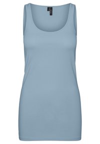 Débardeur bleu clair sans manches avec encolure dégagée et coupe ajustée, taille moyenne, présenté sur fond blanc.