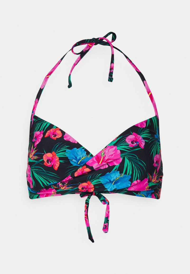 Top de bikini preto com padrão floral tropical vibrante em rosa, azul e verde. Amarra ao pescoço e às costas, apresentando um design envolvente.
