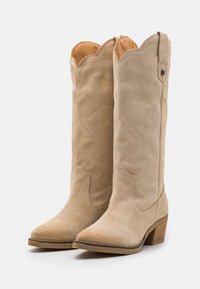 Beige Wildleder-Cowboy Stiefel mit einem hohen Schaft, gewelltem Rand, dekorativem Stickmuster und niedrigem, gestapeltem Absatz.