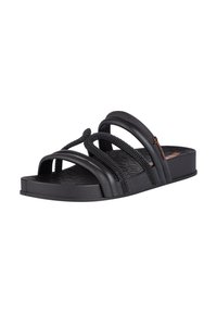 Schwarze Sandale mit drei breiten Riemen und geflochtenen Details, flacher Sohle, strukturiertem Fußbett und glatter Oberfläche. Leichtes Material.