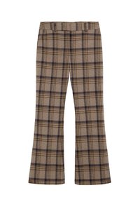 Pantalones de cuadros de tela, con una base marrón claro y cuadros en azul oscuro y marrón, perneras acampanadas y una cinturilla elástica.