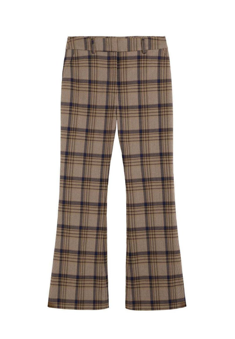 Pantalones de cuadros de tela, con una base marrón claro y cuadros en azul oscuro y marrón, perneras acampanadas y una cinturilla elástica.