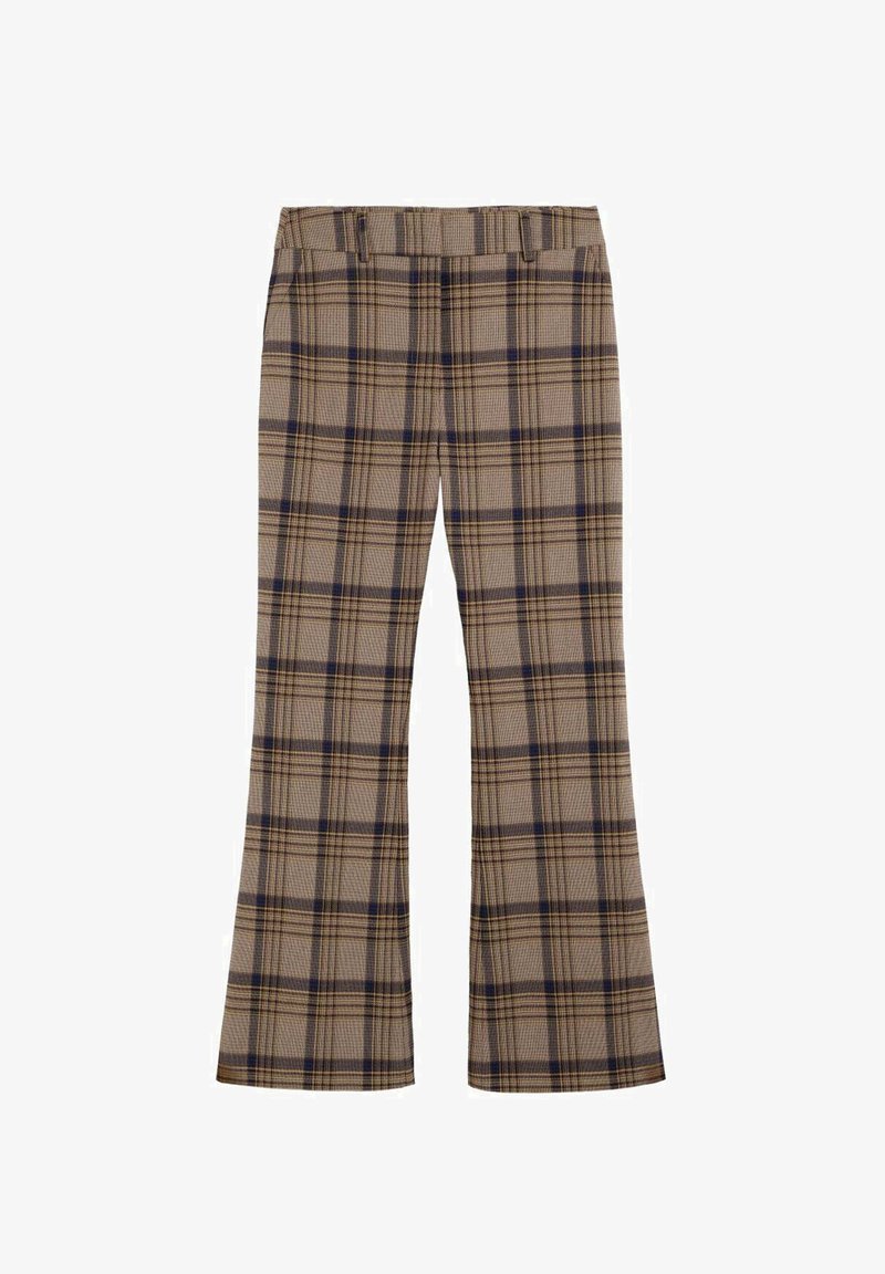 Pantalones de cuadros de tela, con una base marrón claro y cuadros en azul oscuro y marrón, perneras acampanadas y una cinturilla elástica.