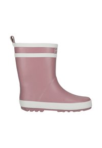 Vaaleanpunaiset kumisaappaat, joissa on valkoisia yksityiskohtia, pyöreä kärki ja teksturoitu pohja. Yläosassa on vetonauha helpottamaan pukemista.