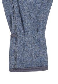 Close-up of blue fleece sleeve cuff with elastic wrist and detailed stitching along the edge.