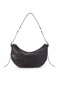 Borsa a spalla nera in pelle a forma di mezzaluna con tracolla regolabile e dettagli con cerniera laterale su sfondo bianco.