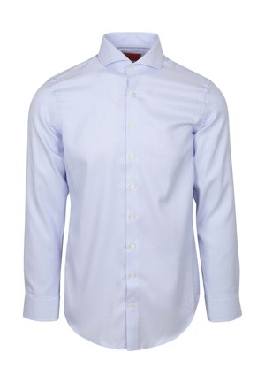 Lichtblauw overhemd met knopen, gemaakt van gestructureerde stof, met een klassieke kraag, lange mouwen en knopen aan de voorkant. Rondomlopende zoom.