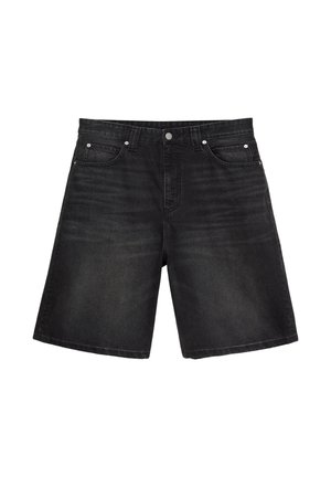 Pantaloni scurți din denim negru, cu nasture și fermoar frontal, bucle pentru curea și design cu cinci buzunare, așezați plat pe fundal alb.