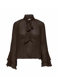 Blouse brune transparente avec un col haut froncé, un nœud décoratif à l'avant, des manches longues et des poignets à volants superposés.