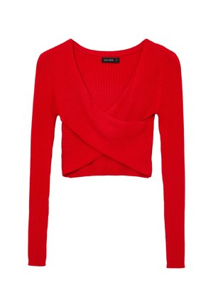 Rotes geripptes Langarm-Crop-Top mit überkreuztem Wickeldesign und tiefem V-Ausschnitt, in Größe S gekennzeichnet, flach auf weißem Hintergrund ausgebreitet.