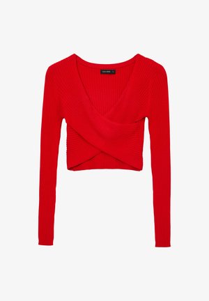 Rotes geripptes Langarm-Crop-Top mit überkreuztem Wickeldesign und tiefem V-Ausschnitt, in Größe S gekennzeichnet, flach auf weißem Hintergrund ausgebreitet.