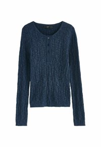 Haut à manches longues bleu marine avec un design en maille texturée, col rond et patte à trois boutons à l'avant. Finition en tissu doux.