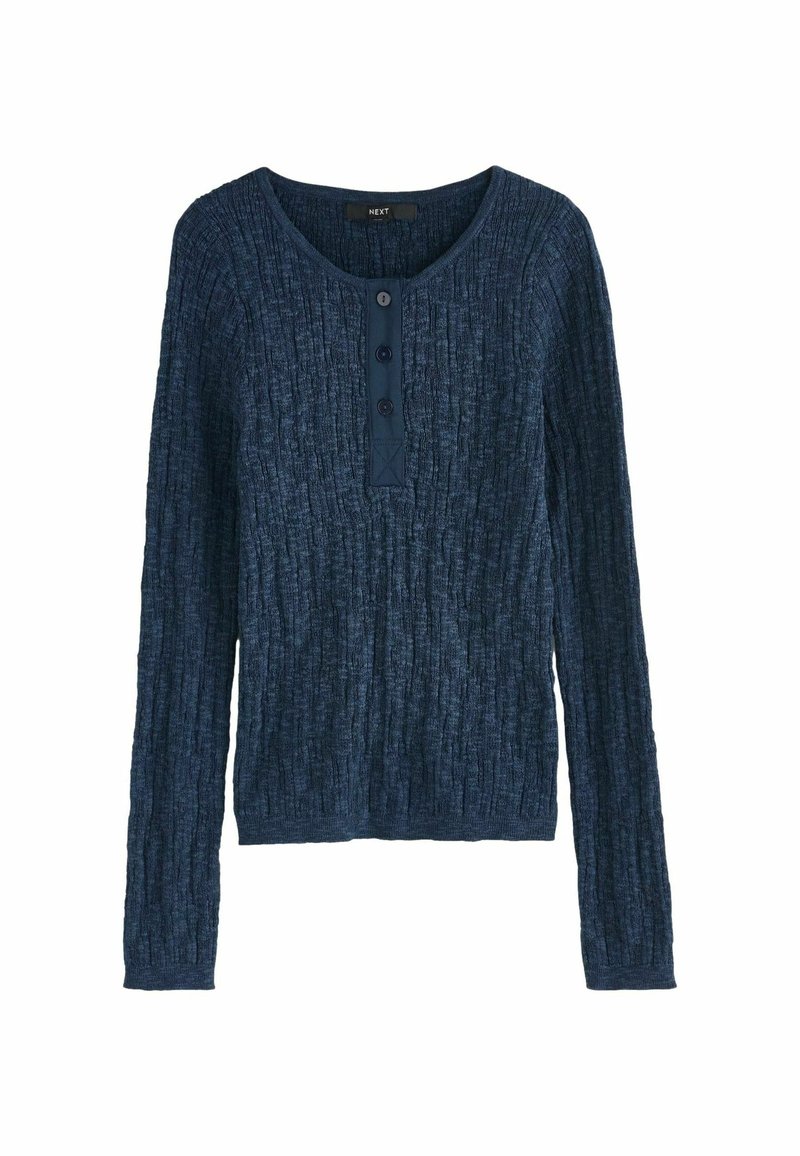 Haut à manches longues bleu marine avec un design en maille texturée, col rond et patte à trois boutons à l'avant. Finition en tissu doux.
