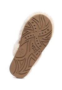 Cream-colored slipper with a textured fur upper and a rubber sole featuring intricate patterns and the brand name "EVERAU" embossed.