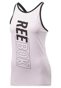 White athletic tank top with black trim and large "REEBOK" text graphic on the front. Made of smooth, stretchy material. Racerback design.