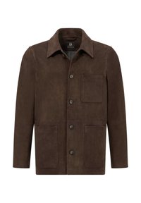 Brun mockaimitation herrjacka med krage, knappstängning och tre påsydda fickor på vit bakgrund.