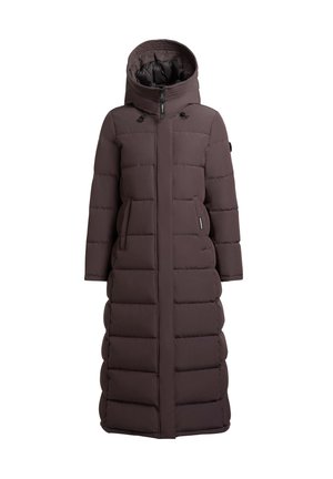 Smeđi pufasti kaput s punim prednjim patentnim zatvaračem, dugim rukavima, kapuljačom i bočnim džepovima s kviltanim dizajnom za izolaciju.