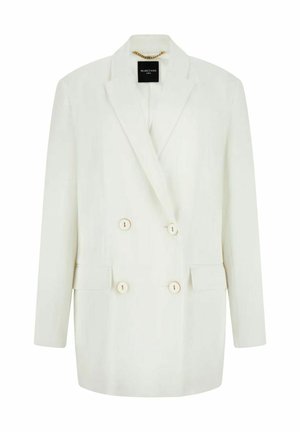 Blazer bianco doppiopetto con bottoni bordati d'oro, rever a lancia, tasche a patta e una catena d'oro all'interno del colletto.