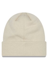 Knitted cream beanie hat with a folded brim and vertical ribbed texture; features subtle seam detail at the top.
