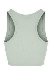 Light green ribbed crop tank top with wide armholes and a rounded neckline. Soft texture with a fitted design and no visible closures.
