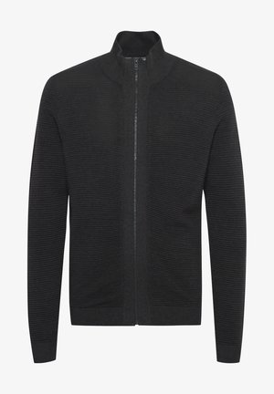 Black zip-up cardigan with ribbed texture, high collar, and straight sleeves. Features a smooth zipper and fitted hem at the waist.
