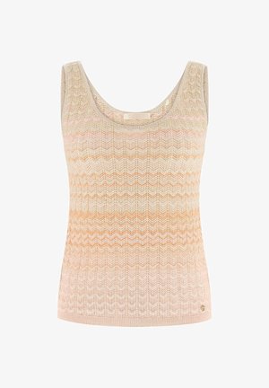 Mouwloze gebreide tanktop in beige en lichte perzikverloop met chevronpatroon en ronde hals.