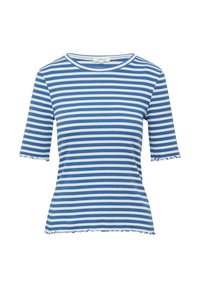 Camiseta de tirantes cortos a rayas azul y blanca con escote redondo y bordes con volantes en las mangas y el dobladillo, hecha de tela suave.