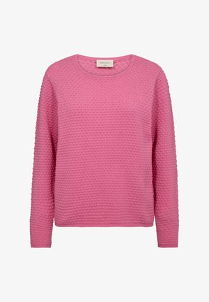 Roze gebreide trui met een gestructureerd bobbelpatroon, ronde halslijn en lange mouwen. Gemaakt van zachte stof voor comfort.