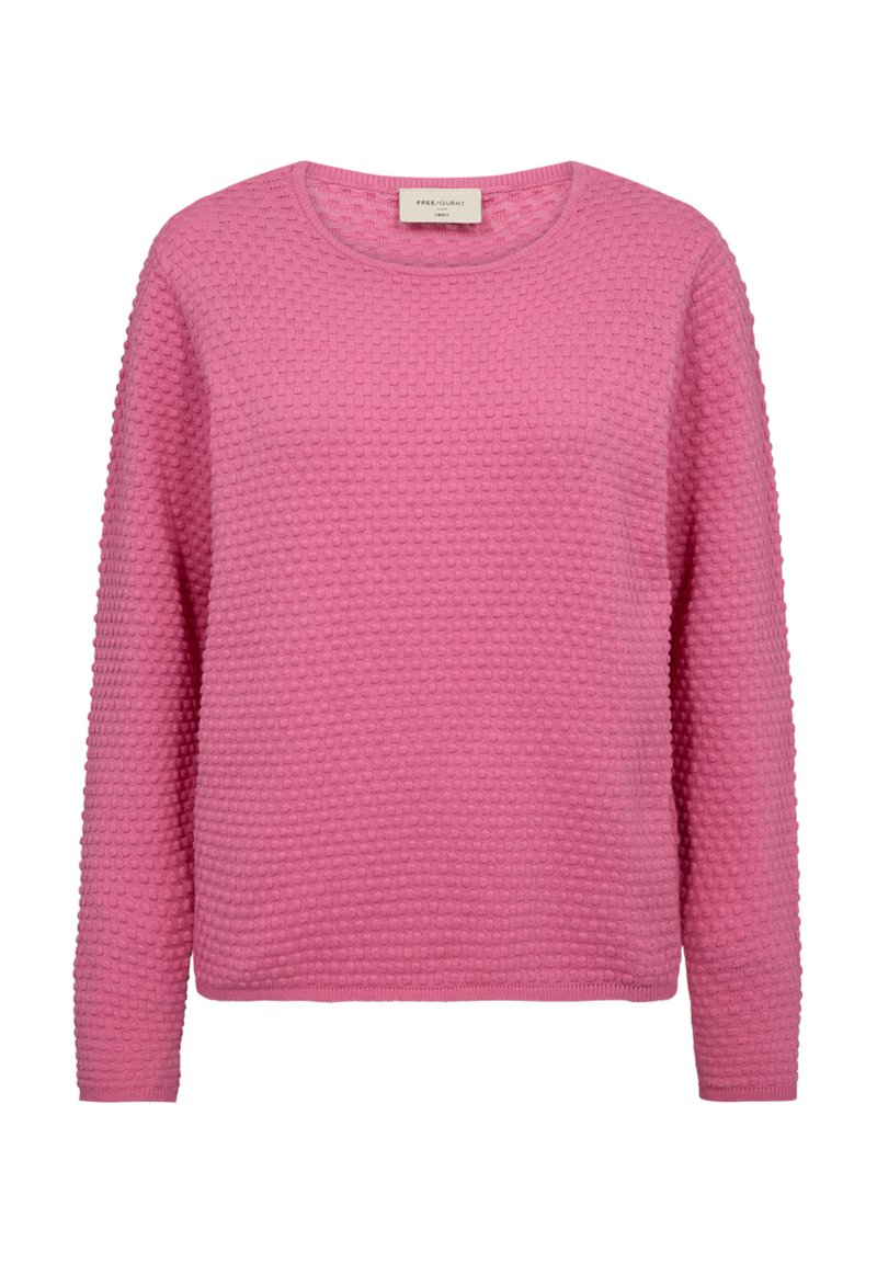 Roze gebreide trui met een gestructureerd bobbelpatroon, ronde halslijn en lange mouwen. Gemaakt van zachte stof voor comfort.