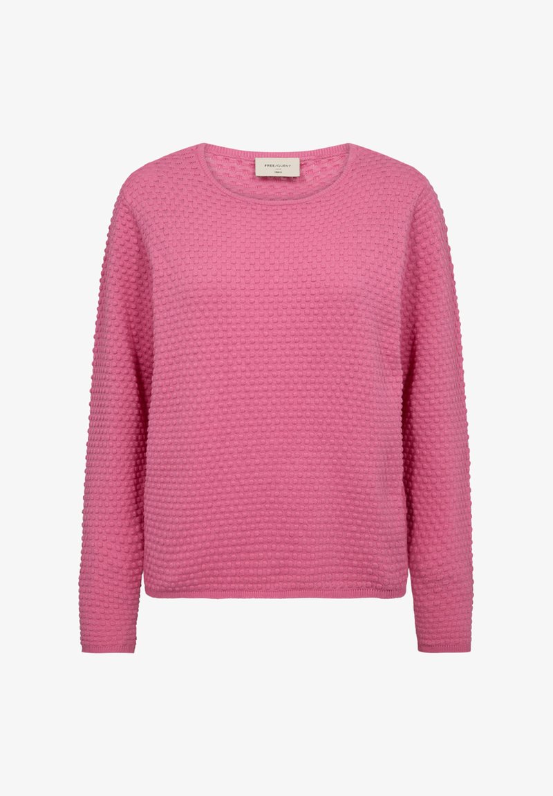 Roze gebreide trui met een gestructureerd bobbelpatroon, ronde halslijn en lange mouwen. Gemaakt van zachte stof voor comfort.