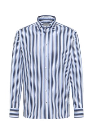 Overhemd met knoopsluiting, gekenmerkt door verticale strepen in verschillende tinten blauw en wit. Lange mouwen met contrasterende gestreepte manchetten. Standaard kraag.