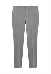 Pantaloni tailleur grigio chiaro realizzati in un tessuto con una sottile trama. Presentano due tasche laterali e un design frontale piatto con passanti per la cintura.