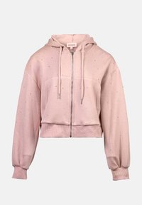 Skraćena ružičasta hoodie s srebrnim ukrasima, s prednim patentnim zatvaračem, kapuljačom i rebrastim manžetama. Izrađena od mekog materijala s glatkom teksturom.